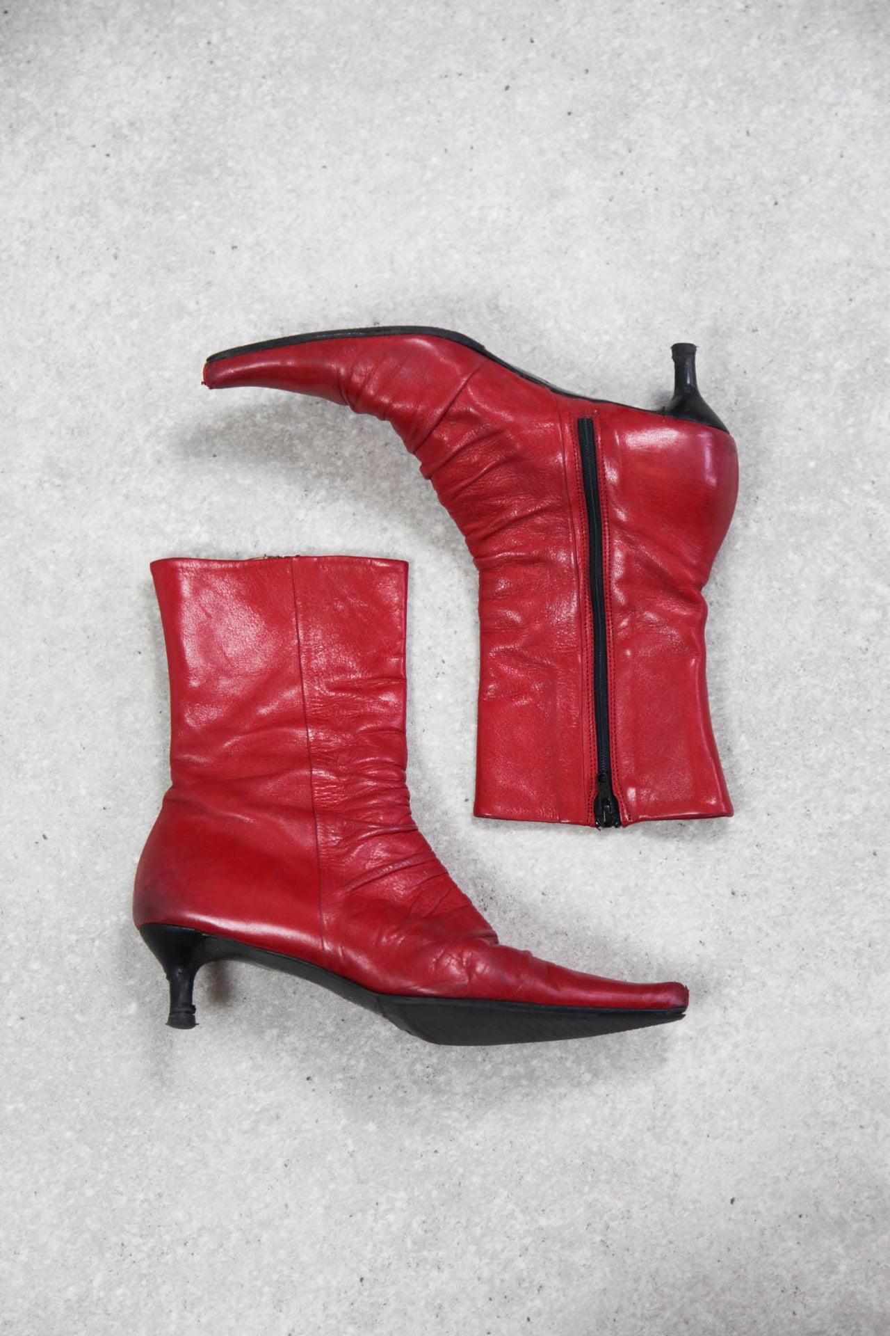 Red Leather Pointed Kitten Heel Boots (EU38/ UK5)