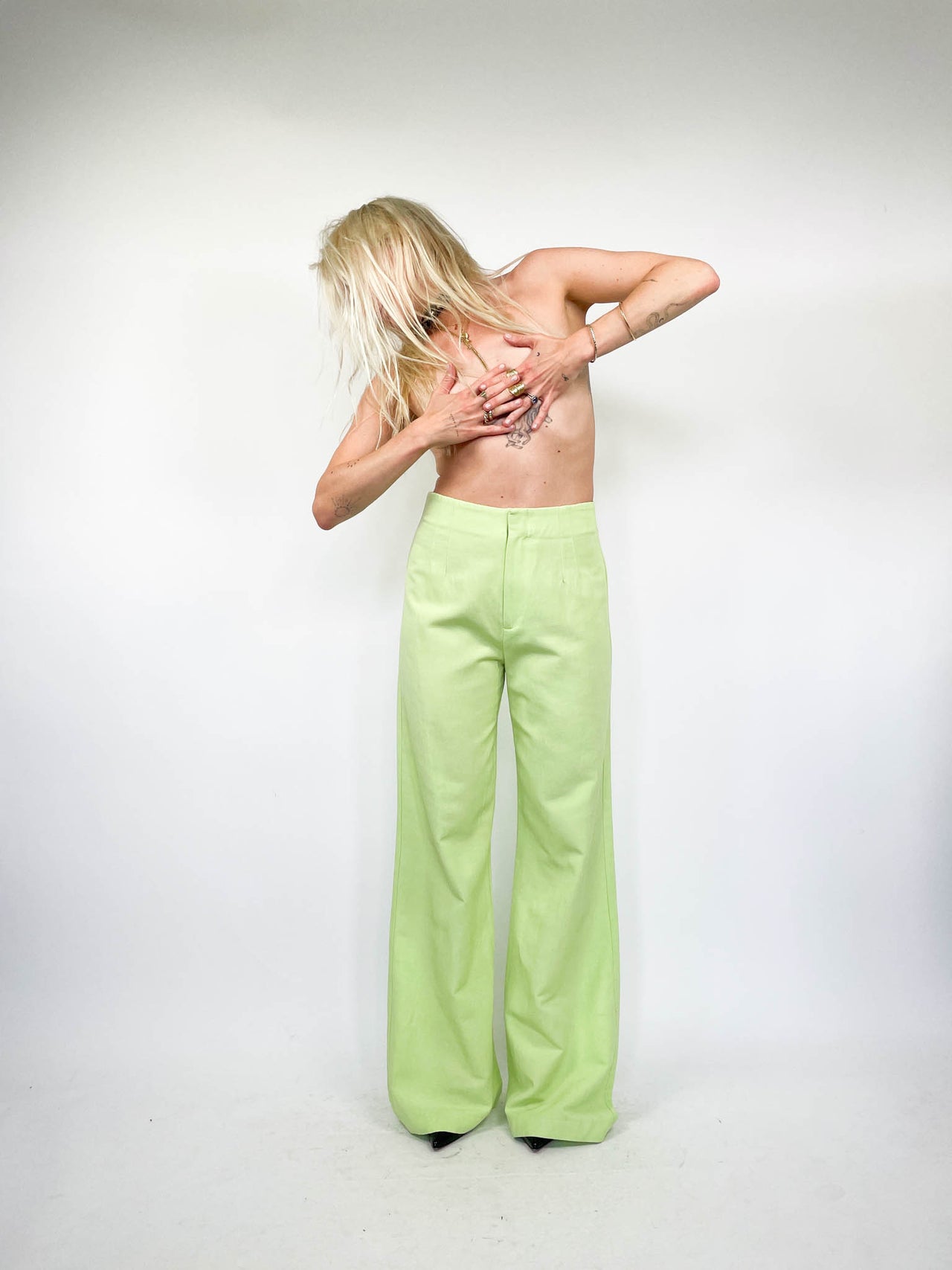 Tahari Tailored Wide Leg Linen Neon Green Trousers (M)