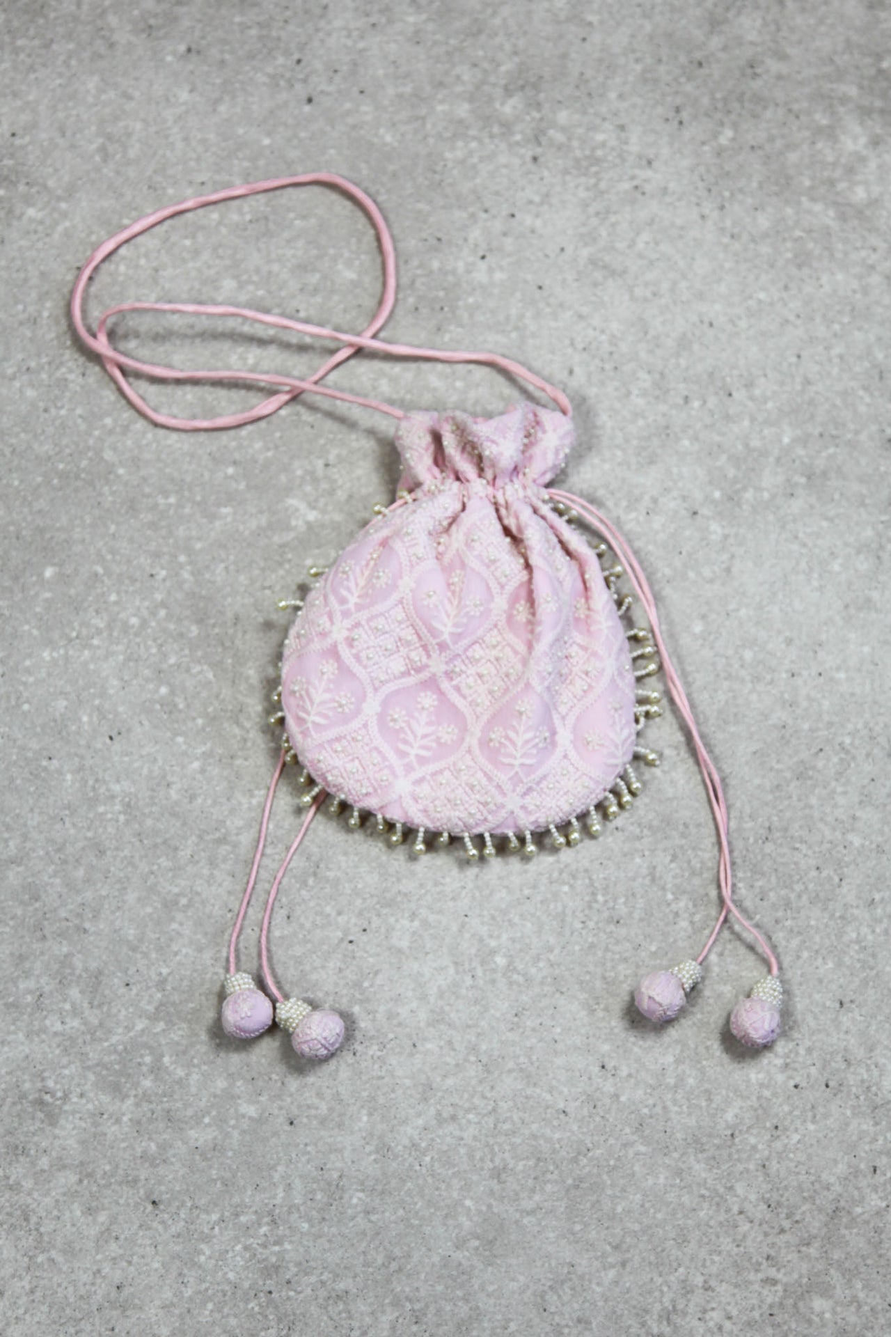 Baby Pink Beaded Drawstring Bag