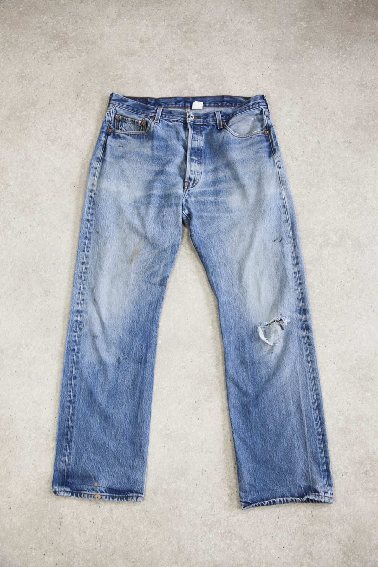 Made in USA Levi's 501 Rip Knee Mid Wash Jeans (W36 L32)