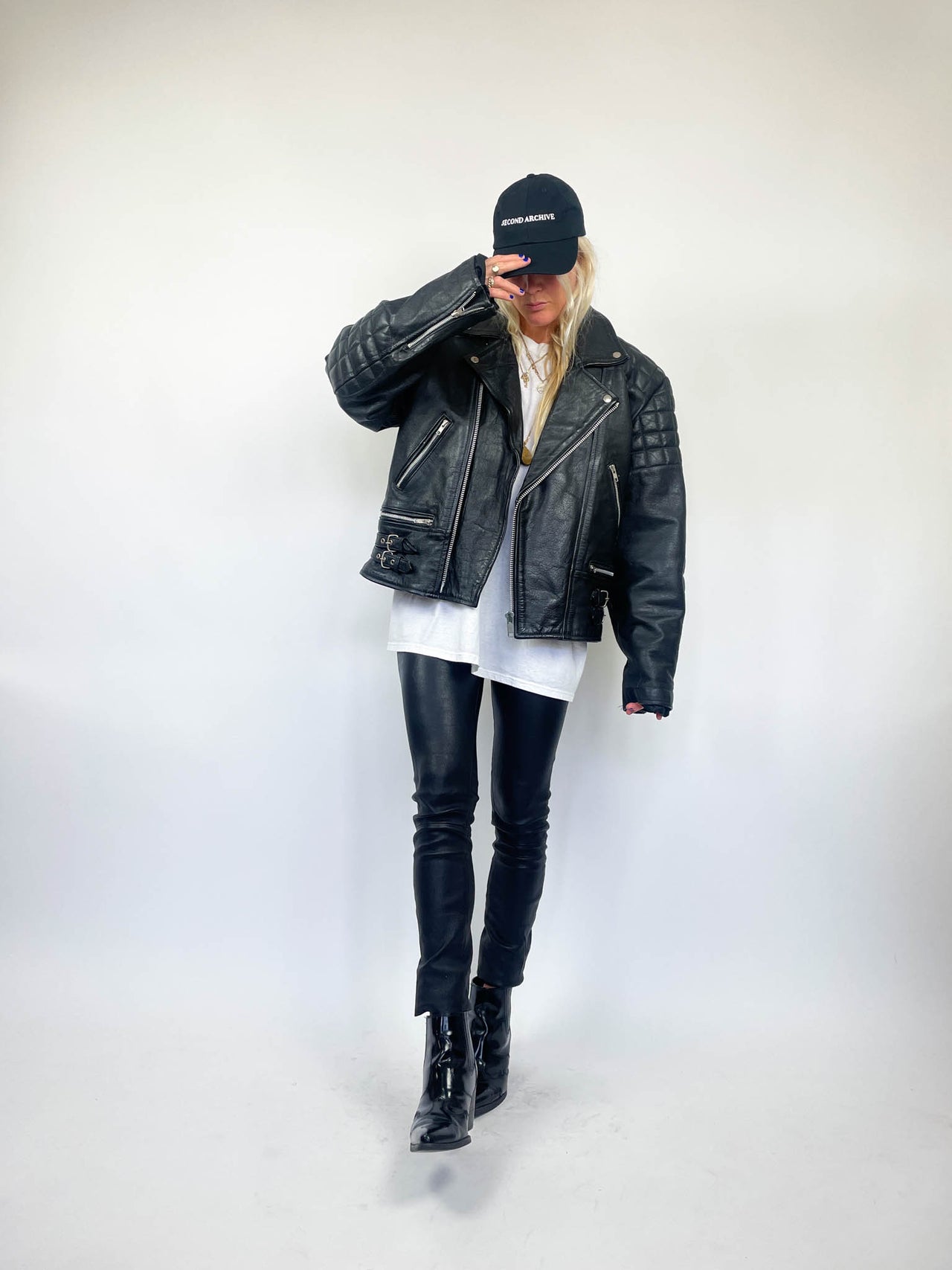 Padded Black Leather Biker Jacket (L/XL)